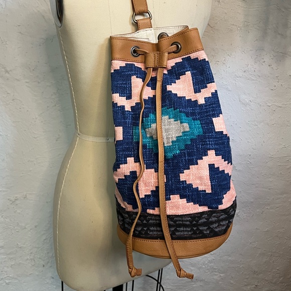 Free People Pink and Blue Woven Bucket Backpack with Tan Trim main image 5
